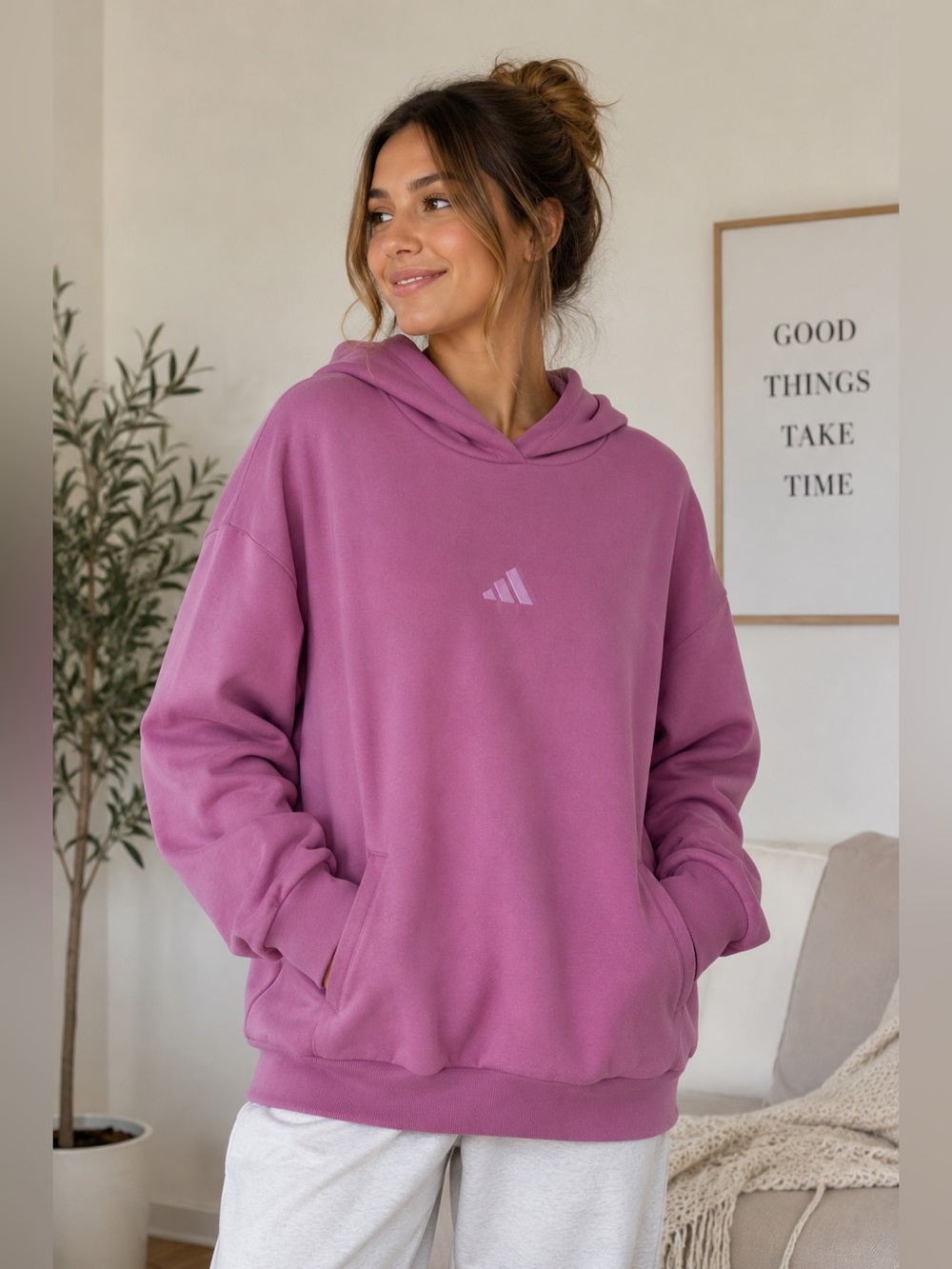 Adidas Pink Hoodie Pullover Sweatshirt Logo Oversized Cozy Size L